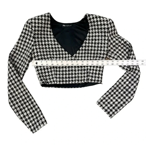 Zara Black White Houndstooth Tweed Cropped Faux Wrap Long Sleeve Top Size XS - Picture 4 of 8